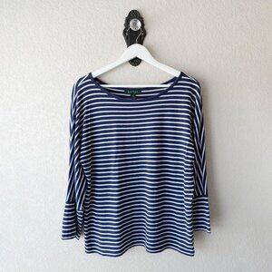 Lauren Ralph Lauren Womens L Navy White Stripe Cotton Modal Boatneck Top